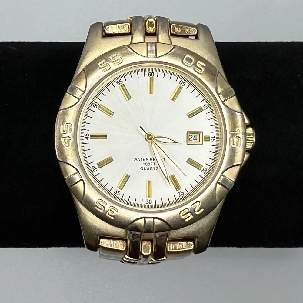 Water Resistant Mens Watch Two Tone Metal Link Bracelet Watch Working